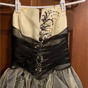 Strapless Embellished Prom Dress in yellow, black, and green shimmer
